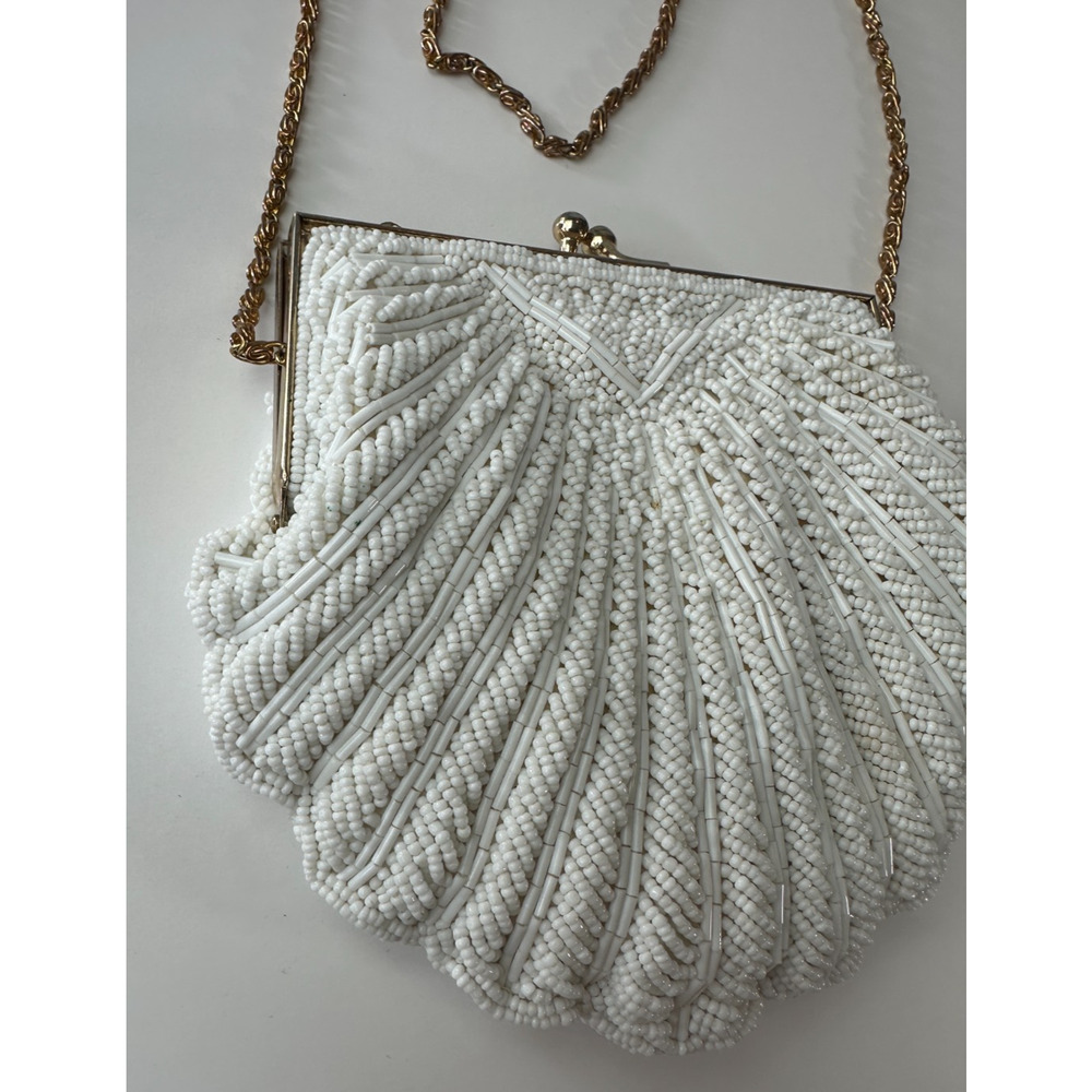 Vintage Walborg Mini Beaded Satin Clamshell Gatsby Purse Gold Color Chain Strap - Picture 5 of 13